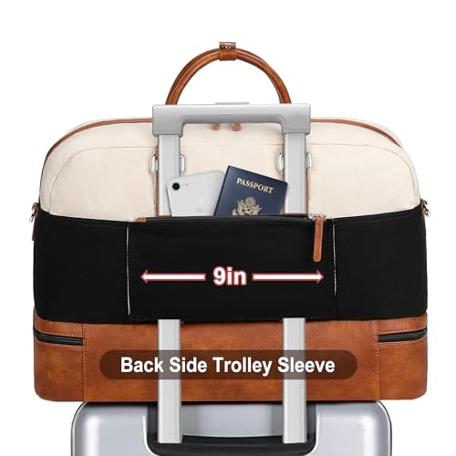 Image of Weekender Bag for Women, Large Overnight Bag Canvas Travel Duffel Bag Carry On Tote with Shoe Compartment 21 inch 3Pcs Set, A11-brown+beige+black, Large, Casual Travel