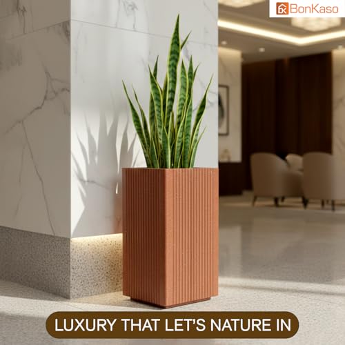 Image of BonKaso 18 Inch Rolex Tower Planter for Indoor & Outdoor Use | Tall Square Heavy Duty Polymer Flower Pot | Weather Resistant Modern Planter for Living Room, Balcony, Terrace & Office Decor (Bown)