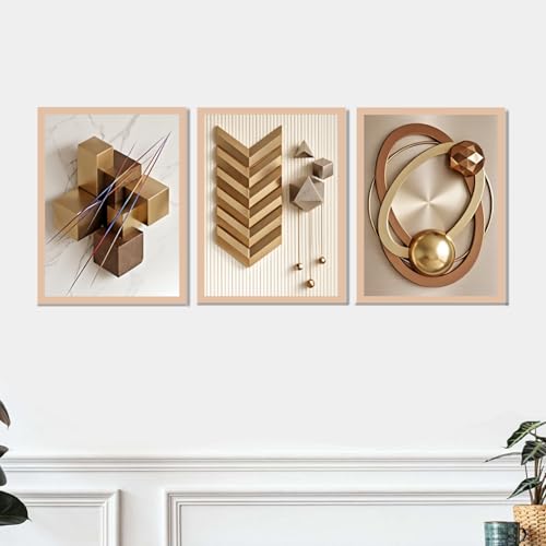 Image of ARAkri Geometric Abstract Wall Art Set of 3, Framed Poster Prints, Gold and Copper Tones, Modern Abstract, Ready to Hang, Living Room Decor (Art 3, 10x 13 inch)