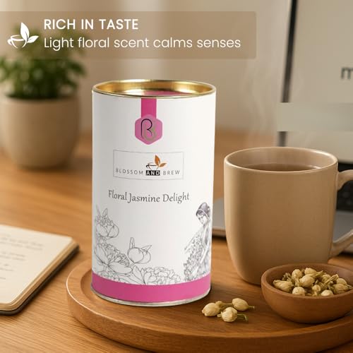 Image of Blossom & Brew Floral Jasmine Delight Darjeeling Green Tea with Pure Jasmine Buds(1.76oz) - Aromatic Whole Leaf Blend from India - Floral Flavor, Low Caffeine, Perfect for Hot or Iced Brew