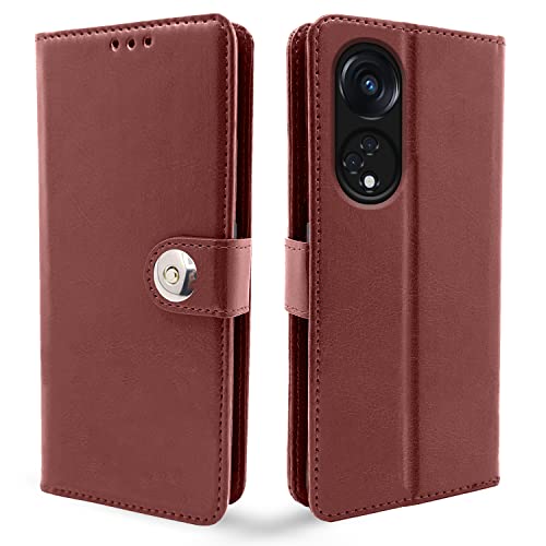 Image of Pikkme Oppo Reno 8T 5G Flip Cover Leather Finish | Inside TPU with Card Pockets | Wallet Stand and Shock Proof | Complete Protection Button Flip Case (Brown)