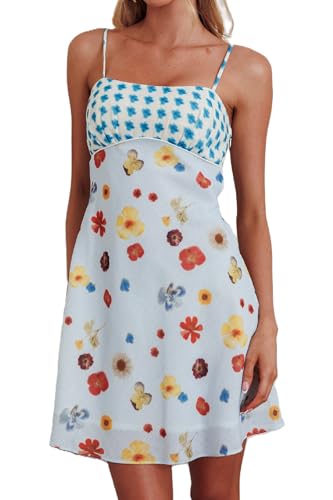 Image of ROAONOCOMO Women Boho Graffiti Cami Mini Dress Spaghetti Strap Printed A Line Short Dress Cute Colorful Sundress