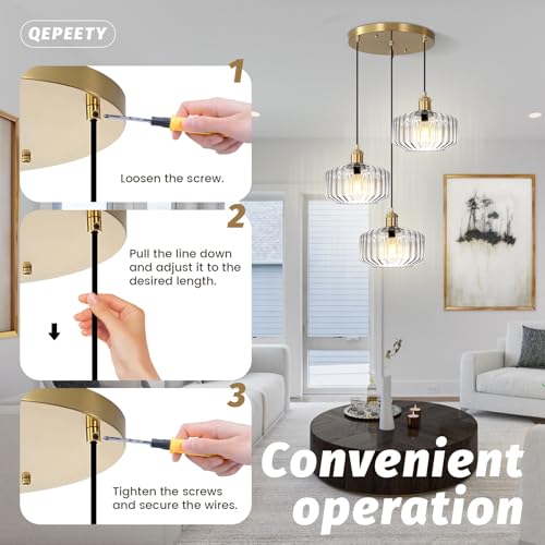 Image of 3-Light Glass Pendant Light Kitchen Island Mid Century Modern Pendant Gold Chandelier Clear Adjustable Hanging Pendant Lighting for Dining Room Light Fixtures Over Table, Living Room
