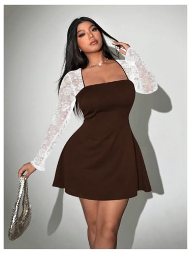 Image of Floerns Women's Plus Size Contrast Lace Sheer Long Sleeve A Line Dress Square Neck Mini Dresses