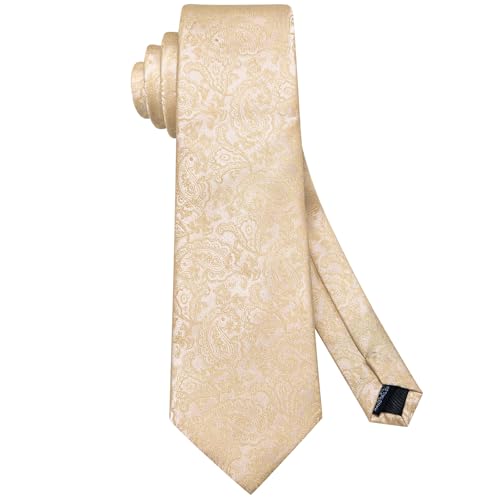 Image of Hi-Tie Men Champagne Paisley Pre-tied Bowties and Tie Set Necktie Bow Tie Pocket Square Cufflinks Lapel Pin 5Pcs Set Tuxedo Suit