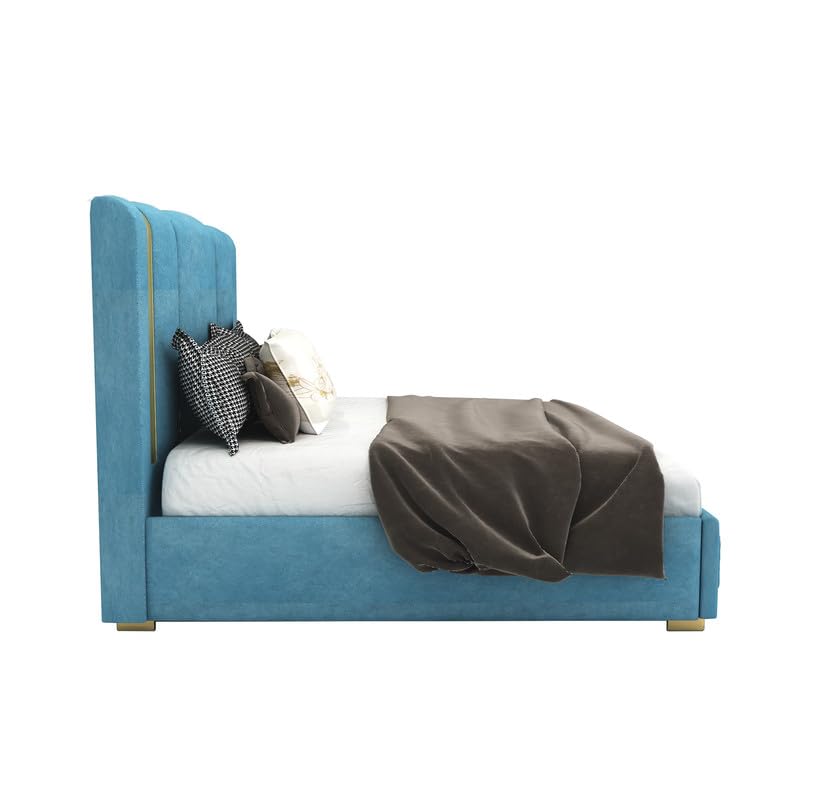 Image of STRATA FURNITURE Solid Wood King Size Bed with Box Storage and Upholstered Headboard | Modern Wooden Double Bed Cot Palang Furniture for Bedroom, Hotels, Living Room, and Home (Blue)