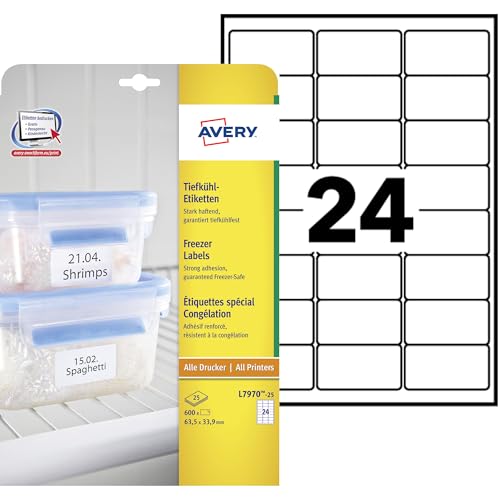 Avery España L7970-25 Etiquetas adhesivas en papel blancos de alimentos para congelador y nevera, 63,6x33,9mm Caja de 600 etiquetas