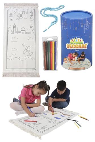 ihvan-online-Kids-Prayer-Mat-Washable-Painted-Prayer-Rug-for-Kids-Colourful-Marker-Muslim-Prayer-Mala-Beads-Soft-Salah-Travel-Mat-Carpet-Perfect-Islamic-Gifts-for-Kids-Blue