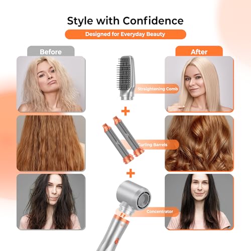 Image of 5 in 1 Blow Dryer Brush,110-120V Hair Dryer Brush, Fast Drying & 3 Adjustable Temperatures Hot-Air Hair Brushes, Detachable Hair Styler Set for Curling /Volumizing /Straightening /Styling (Silver-Orange)