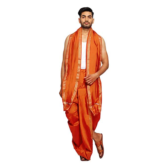 Image of Rameshwaram Fabrics Readymade Dhoti for Men, Velcro Style Stitched Mens Silk Dhoti Pant with Stole Set