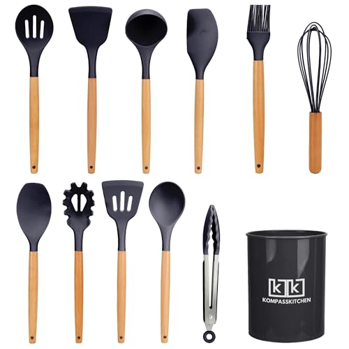 Utensilios de Cocina de Silicona con Mango de Madera, 12 Piezas, Resistentes al Calor y Antiadherentes, Antiarañazos, sin BPA, Set Utensilios de Cocina Silicona, Cucharones de Cocina Silicona (Negro)