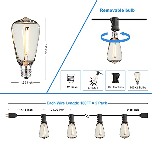 Globelit Outdoor String Lights Led 200Ft Edison Style Lights String For Outside With 102 Shatterproof St38 Led Bulbs,Waterproof Vintage Patio Globe Lights For Bistro Balcony Backyard,2-Pack X 100Ft #TOP3