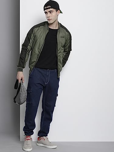 Image of The Indian Garage Co Men Olive Slim Fit Colorblocked Bomber Jacket