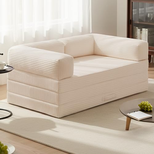 Image of Tri-Fold Foldable Mattress, Convertible Folding Sofa Bed with Removable Arms & Washable Cover, All-in-One Portable Mattress Floor Sofa Bed, No Assembly Required & Non-Slip, Full Size, Beige