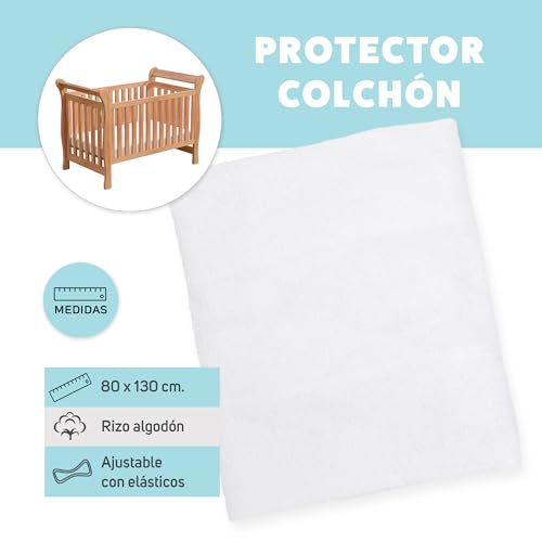 Miniatura 2 de Protector De Colchón De Cuna 130x80 Cm Impermeable Y Transpirable En Rizo De Algodón Suave, Ajuste Con Elásticos, Anti-Bacterias Y Lavable