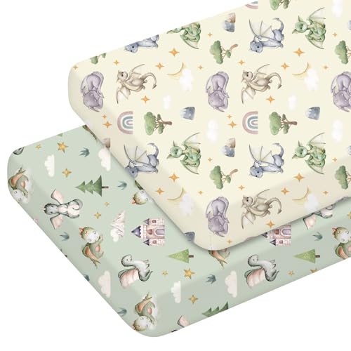 Image of Mindsoft 2 Pcs Watercolor Dragon Crib Sheet Set 52 x 28 x 8 Inches Fit for Standard Crib Toddler Mattress Newborn Gifts for Girl Boys, Breathable Soft Baby Sheet
