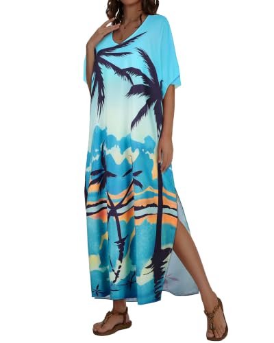 Image of Kaftan Dresses for Women V Neck Caftan Batwing Sleeve Swimsuit Cover Up | JILUVIN Plus Size Beach Swimwear Dress, Loose Fit Maxi Print Moomoo, Casual Mumu Nightgown Mrs Roper Costumes Vocation 2026