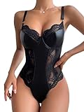 Lilosy Sexy Leather Underwire Push Up Floral Lace Sheer Corset Lingerie Women Teddy Bodysuit Bustier Top One Piece Latex Black Medium