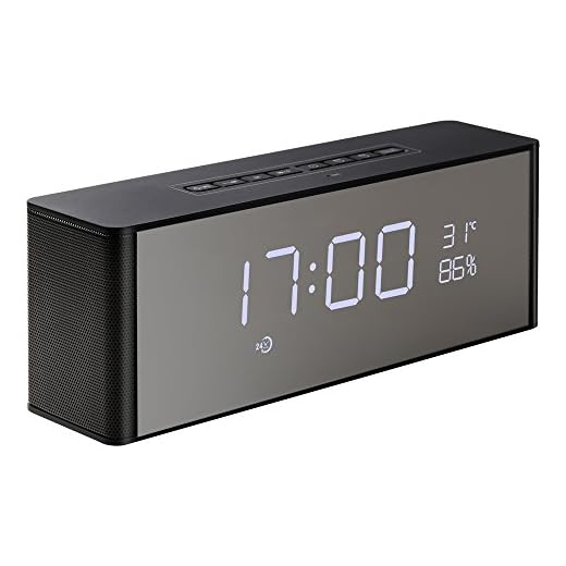 Abuzhen Wireless Speaker, Alarm Clock, Digital FM Radio, 3.5mm Aux Line-in TF Card Play, Thermometer, Large Mirror LED Dimmable Display for Hotel,Home,Office,Bedroom,Travel
