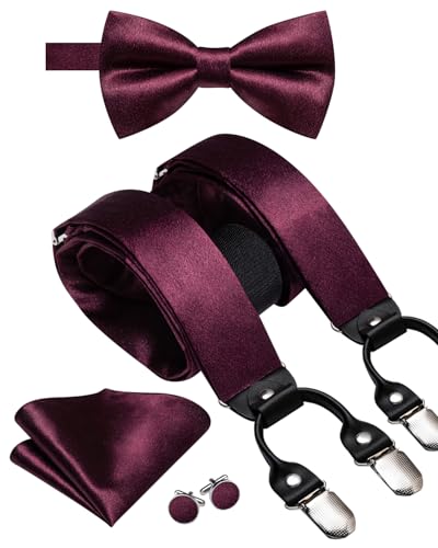 Image of Dubulle Suspender and Bow Tie for Men Paisley Solid Mens Suit Braces Pretied Bowtie and Handkerchief Cufflinks Formal Wedding