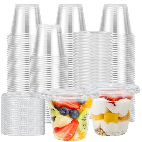Lamosi 300 Pack 9 oz Clear Plastic Cups with Flat No Hole Lids