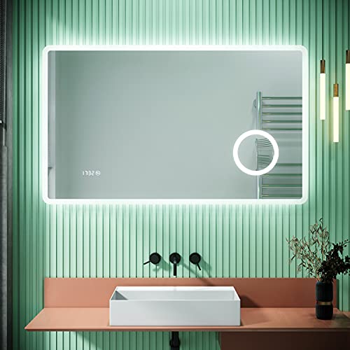 SIRHONA 3X Loupe Miroir de Salle de Bain avec Éclairage LED avec Prise pour Rasoir Miroirs de Salle de Bain Mural avec Affichage de L'heure, Fonction Anti-buée 100x60cm Miroirs LED