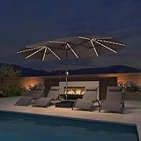 PURPLE LEAF 14ft Patio Market Umbrella with Solar Lights and Base Double-Sided Rectangle Outdoor Table Sun Umbrellas with Crank for Pool Beach Deck Backyard Gray