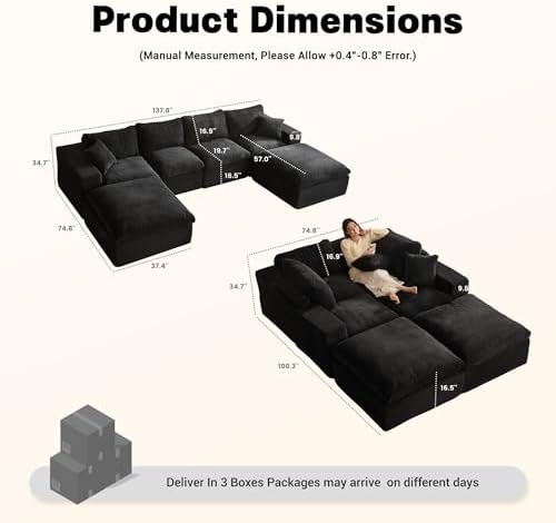 EJC 137.8” Sectional Couches for Living Room, Set of Cloud Couch, Modular Sectional Sofa, Convertible Sofas Bed, Deep Seat Sofa, U Shaped Cozy Sofa Furniture Set, Corduroy, Black - 1
