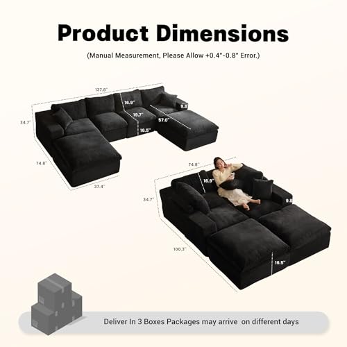 EJC 137.8” Sectional Couches for Living Room, Set of Cloud Couch, Modular Sectional Sofa, Convertible Sofas Bed, Deep Seat Sofa, U Shaped Cozy Sofa Furniture Set, Corduroy, Black