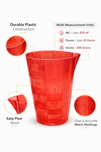 Image of 350 ml Plastic Measuring Glass for Kitchen | Multi-Scale Gram, Litre & Ounce Measuring Cup | Red Food-Grade Reusable Liquid & Rice Measuring Cup
