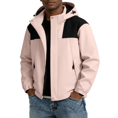 Image of Color Block Waterproof Hooded For Men Rain Shell Jacket Windproof Coat With Adjustable Drawcord Hood & Velcro Cuffs Packable Zip Up Hiking Camping And Fishing Outdoor Activities Pink L
