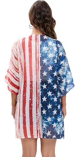 Image of DDSOL Women's American Flag Kimono Cover up Beachwear Cardigan Loose Tops Shirt Blouse