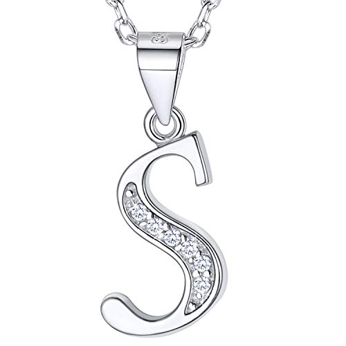 Cute A-Z 26 Letter Pendant 925 Sterling Silver Chain Cubic Zirconia Initial Necklace -Alphabet S
