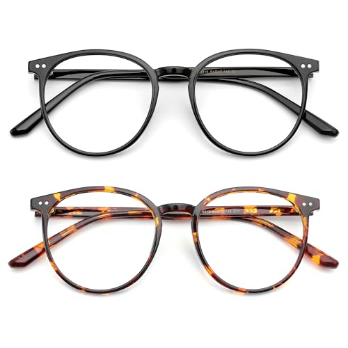 Image of 2 Pack Blue Light Blocking Glasses for Women and Men, Round Frame Computer Gaming Anti Eyestrain & UV Glare RF6213 (Black + Coco Tortoise)