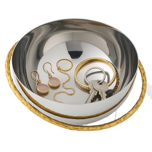 GUTE Decorative Silver Serving Bowl Fruit Catch All, Golden Leaf Vine, Stainless Steel Metal & Brass, Gold Leaves Trim Accent Basket Fruit, Potpourri Living, Dining Room Table Home Decor 7" L 6" W