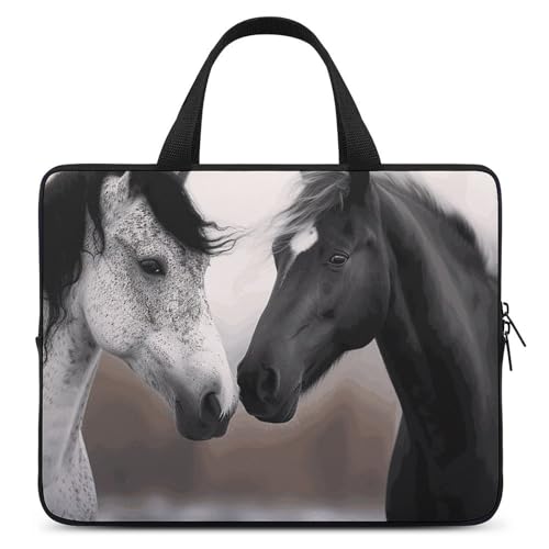 Housse protection ordinateur portable 30,5 cm chevaux noirs blancs - Étui sacoche PC 12"