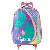 Mochila Infantil com Rodinhas, Sereia Holográfica, Alça Decorativa em Laço Rosa -Ideal para Presentes