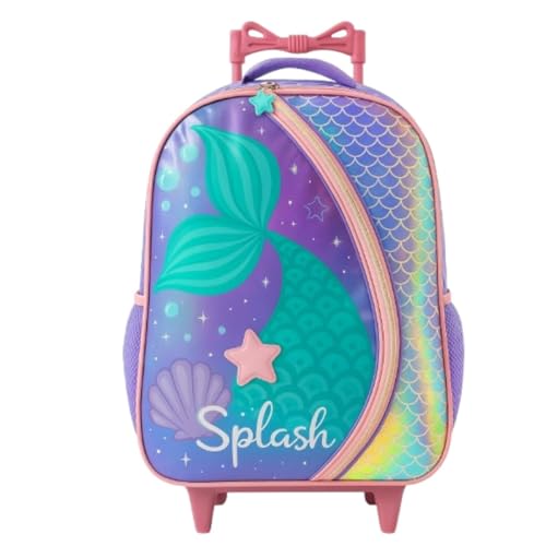 Mochila Infantil com Rodinhas, Sereia Holográfica, Alça Decorativa em Laço Rosa -Ideal para Presentes