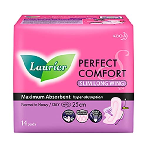 Laurier #MG Perfect Comfort Slim Long Wing 25cm 14s -Absorbs fluid 2X faster and locks in sudden gushes instantly within the core to prevent leakages on your heavy flow days 5X superior dryness