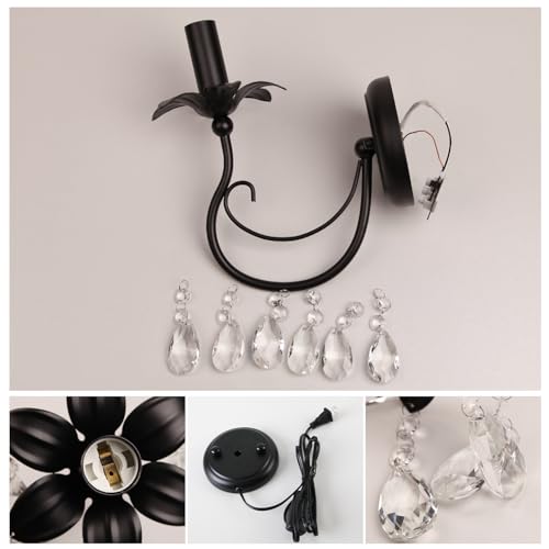 Image of Black Wall Sconces,Vintage Crystal Wall Sconce Wall Light Fixtures,Farmhouse Candle Wall Sconce Indoor Bedside Mid Century for Bathroom Bedroom Living Room Hallway Entryway Stairs