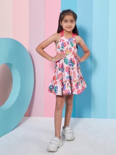 Pspeaches Girls Sleeveless Halter Neck Adorable Floral Printed Fit & Flare Dress (4-5Years) Multicolour