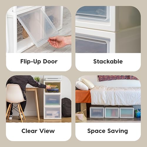 IRIS USA 42 Qt. Plastic Drawer Storage Organizer Stacking Drawers, 3-Pack, Stackable Unit with Flip-Up Door for Clothes Bedroom Kitchen Under Sink Pantry Craft Room Bathroom Dorm Office, White