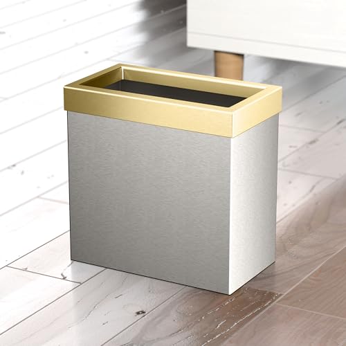 Image of Gatco Small Bathroom Trash Can with Lid, Rectangle 3 Gallon Stainless Steel Wastebasket, Under Sink, Satin Nickel and Brushed Brass, for Bathroom, Bedroom, Office (1917B)