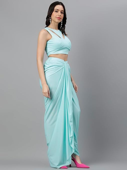 Image of Women's Modern Traditional Pre-Stitched Satin Saree with Modern Crop Top Blouse - Elegant Black Draped Sari for Parties and Special Occasions
