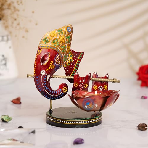 Image of Decorative Handcrafted Multicolor Metal Ganesh Red Tea Light Holder for Home Decoration and Gift