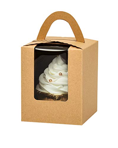 YoTruth Clear Bakery Rustic Brown Kraft Paper Single Cupcake Boxes Individual Containers With Window Insert And Handle 50 Count