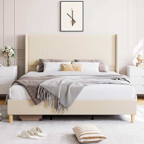 GarveeHome King Size Bed Frame, Upholstered Platform Corduroy Bed Frame with Vertical Channel Tufted Wingback Headboard, Strong Wooden Slats, No Box Spring Needed, Easy Assembly, Creamy Beige