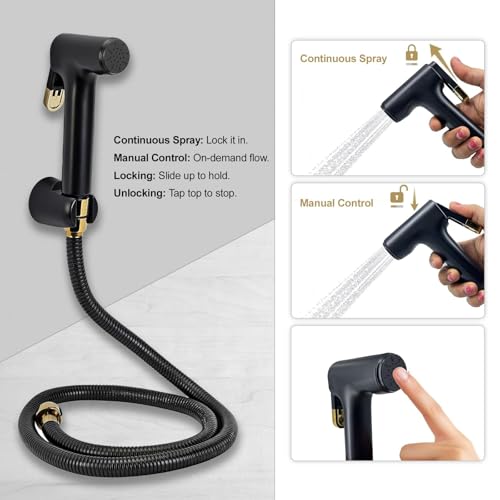 Image of Orvos Health Faucet, Golden Black, ABS Outer Body with Brass Pin Inside, with 1 to 1.2 Meter Extendable Stainless Steel Shower Hose and wall Hook, Jet Spray for high end Luxury Toilets