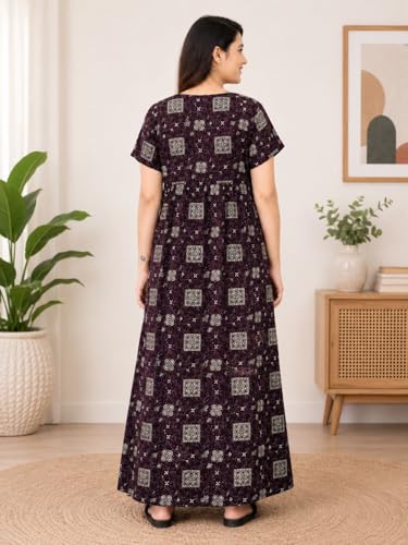Image of Women's Pure Cotton Maxi Nighty, Jaipuri Embroidery Print, Short Sleeve Night Gown with Pocket
