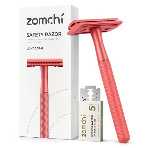 ZOMCHI Single Blade Double Edged Safety Razor with 5 Safety Razor Blades, Metal Razor for Men & Women, Single Blade Razor – Light Coral